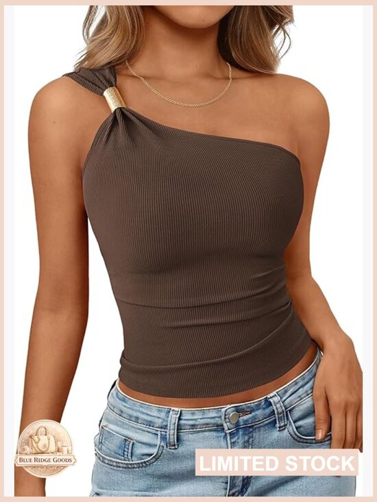 Tops - One Shoulder Fitted Ribbed Tank Top Y2K Going Out Sleeveless Summer Top